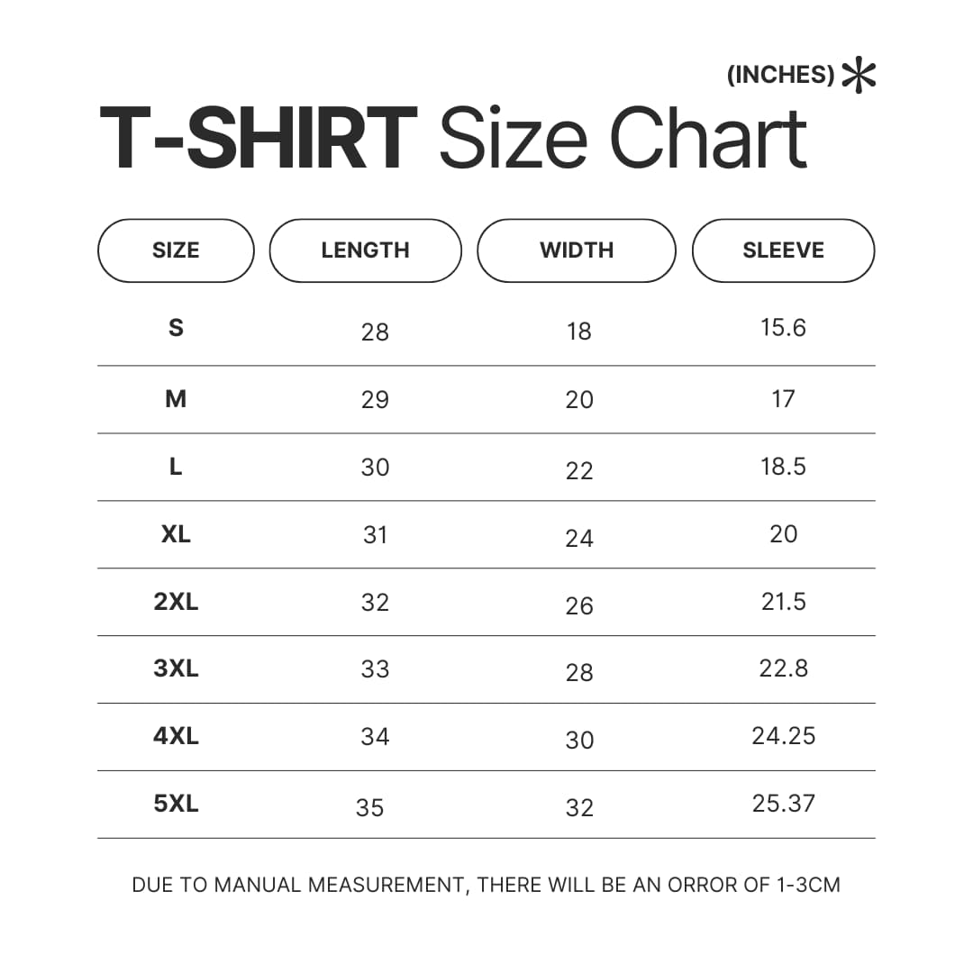 T shirt Size Chart - Arcane Shop