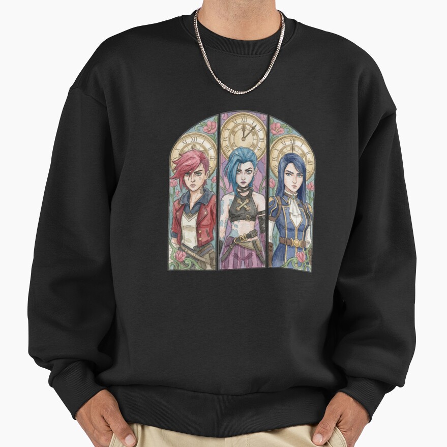 Arcane Watercolor Drawing Vi Jinx And Caitlyn Stained Glass Art Sweatshirt