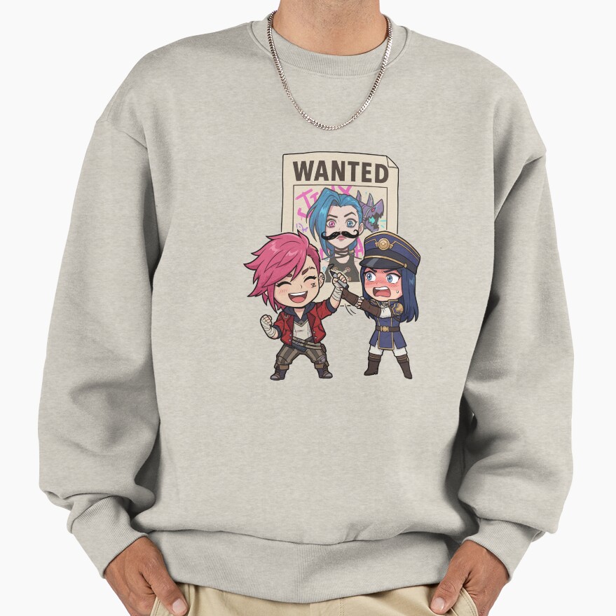 Arcane Vi And Caitlyn Wanted Jinx Poster Funny Arcane Fanart Sweatshirt - Image 3