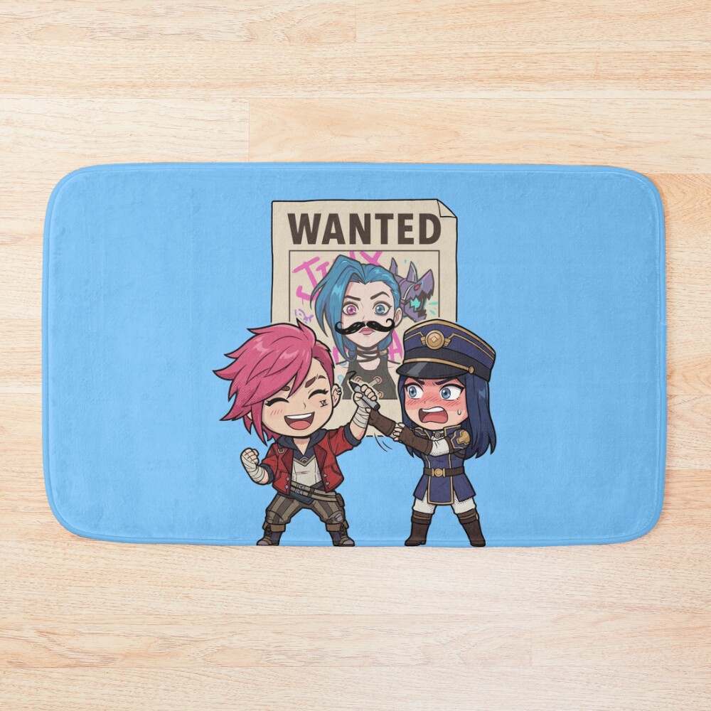 Arcane Vi And Caitlyn Wanted Jinx Poster Funny Arcane Fanart Bath Mat