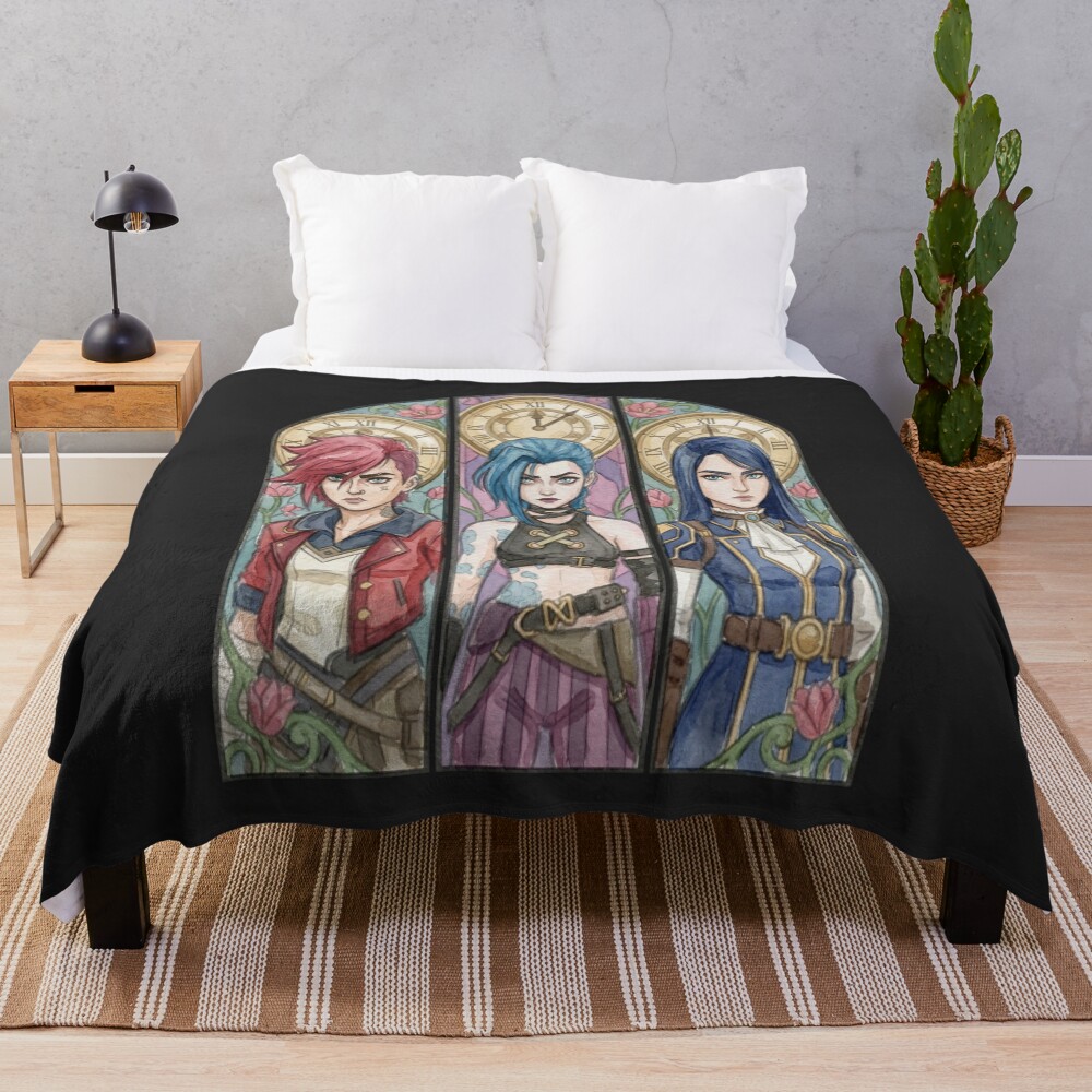 Arcane Watercolor Drawing Vi Jinx And Caitlyn Stained Glass Art Throw Blanket