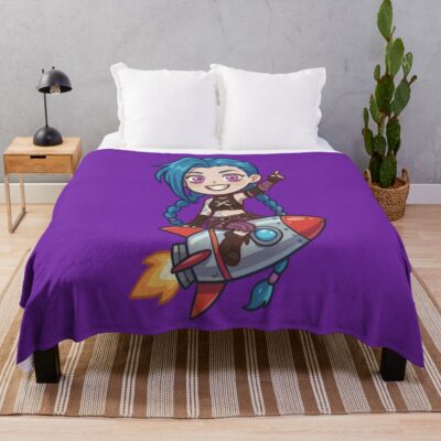 Chibi Jinx Arcane Riding A Rocket Throw Blanket