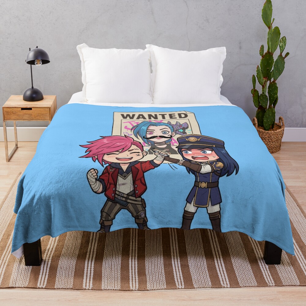 Arcane Vi And Caitlyn Wanted Jinx Poster Funny Arcane Fanart Throw Blanket